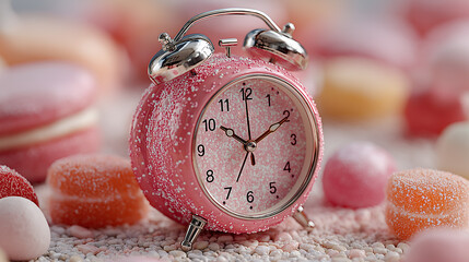 A glowing alarm clock with candy buttons playful design, fun morning wakeup concept generated AI