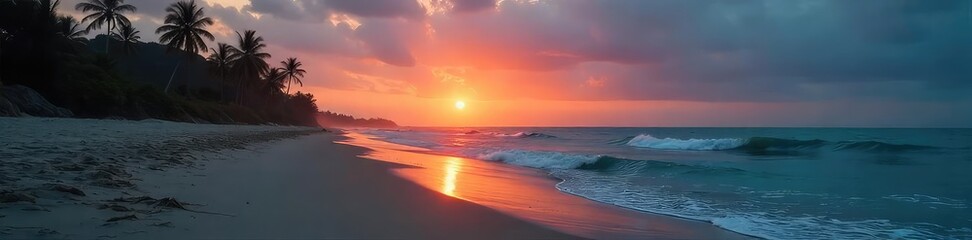 Fototapeta premium Lonely, deserted beach at sunset Empty shoreline, waves crashing, melancholic atmosphere Perfect for themes of solitude, longing, and wistful memories , deserted, wistful, gloomy