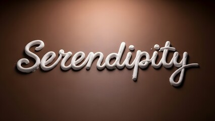 Close-up shot of the word 'Serendipity' in cursive script with a metallic sheen against a brown gradient background with a spotlight effect.