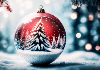 Christmas ball on the winter blurred background. Christmas tree. Festive holiday  illustration. Generative AI	