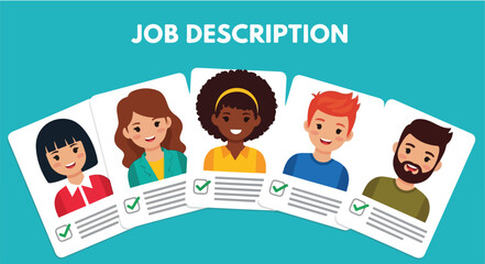 Illustration of diverse job applicants with checklists on a teal background, showcasing various cartoon people.