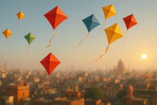 Makar sankranti background with kites flying above city.