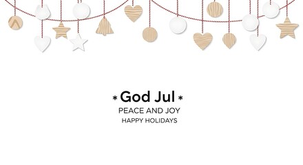 Minimalist God Jul Christmas Greeting with Hanging Wooden and White Holiday Ornaments