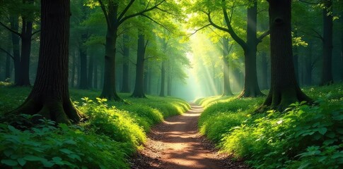 Fototapeta premium A winding path through a lush forest, sunlight dappling the leaves, leading towards a distant, unseen destination The journey symbolizes growth, discovery, and the unknown , road, tranquil, direction