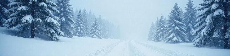 A blizzard rages, heavy snow falls blanketing the landscape in white Visibility is near zero, with swirling snow obscuring everything A powerful winter storm scene , icy, frost