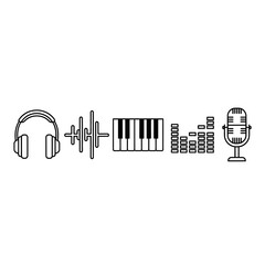 Creative music production icons set featuring headphones piano keyboard equalizer and microphone for audio production and sound design inspiration