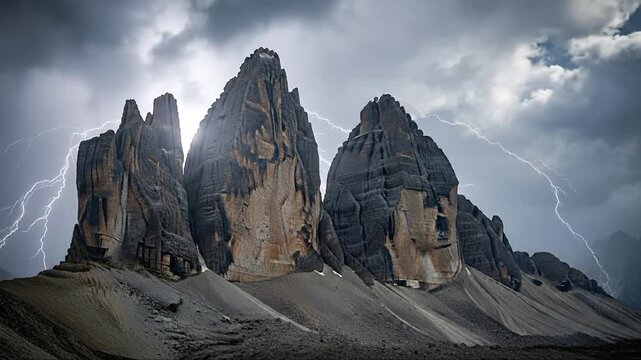 Dramatic Rocky Mountain Towers Illuminated by Warm Atmospheric Sunset Light in Majestic Alpine Terrain