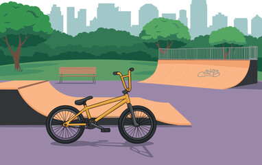 Fototapeta premium BMX Stunt Bicycle in Skate Park with City Skyline Background Vector