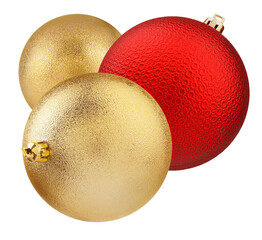photograph of three festive matte christmas ornaments, two gold and one red, artfully clustered together on a dark background.