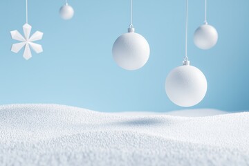 Minimalist Winter Scene with Hanging Baubles and Snowflakes. cloud dancer color of the year