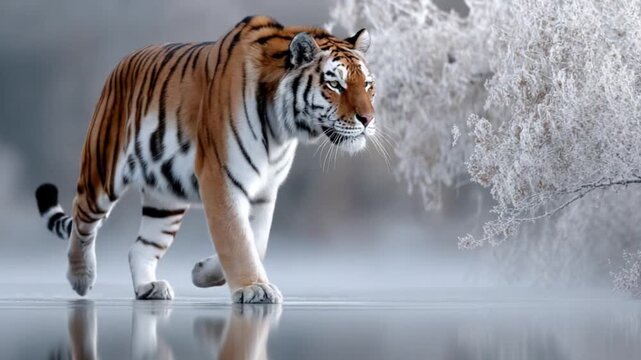 Majestic tiger walking across frozen river, reflections beneath, crisp winter air, ultra-realistic wildlife photography style