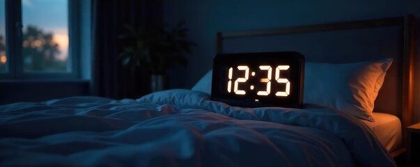 A sleek, modern digital clock subtly illuminates a dark bedroom, displaying the time and gently fading, promoting peaceful sleep ,  bedroom,  light