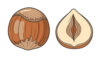 Whole Hazelnut and Halved Hazelnut Isolated on Black Background Detailed Illustration Warm Brown Tones Natural Texture Wood Grain Pattern Healthy Food Ingredient