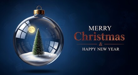 Elegant Christmas Ornament with Snowy Winter Scene and Holiday Greetings on Dark Blue Background