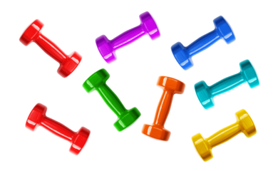 dynamic photograph of various vibrant fitness dumbbells scattered randomly across a dark background, representing diverse workout options and energetic activity.
