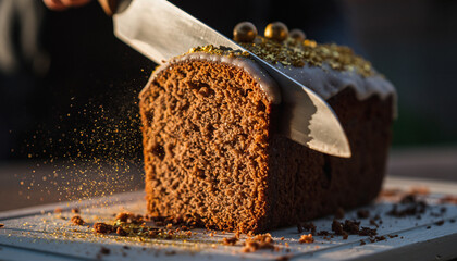 A knife slices into a freshly baked loaf of chocolate cake, dusted with golden sprinkles and edible pearls.