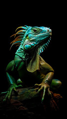 Close-up of a Green Iguana on a Log on Dark Background. Exotic Lizard, Wildlife Photography, Reptile Habitat.