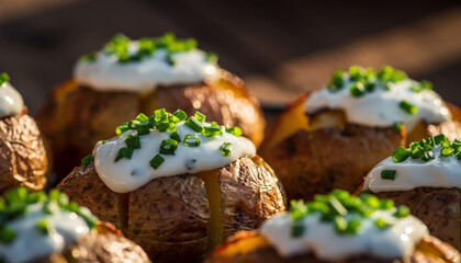 Baked potatoes topped with sour cream and chives on a wooden table viewed from above