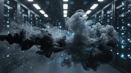 Dark smoke and glowing blue particles flowing through a modern data center with server racks. - Powered by Adobe