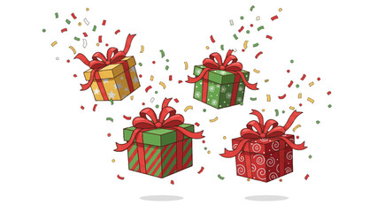 Funny christmas gift boxes with red ribbon and confetti flying isolated on white background illustration
