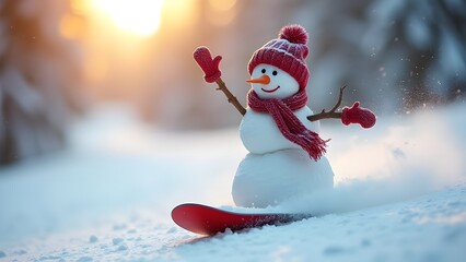 Inverno e neve: pazzo pupazzo di neve che fa snowboard