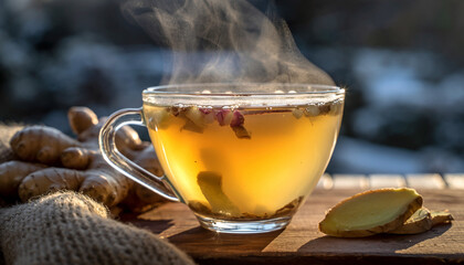 A steaming cup of ginger tea with fresh ginger root slices and a knitted glove in the background.