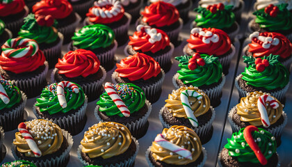 A delightful assortment of festive Christmas-themed cupcakes, each adorned with colorful frosting and holiday decorations.