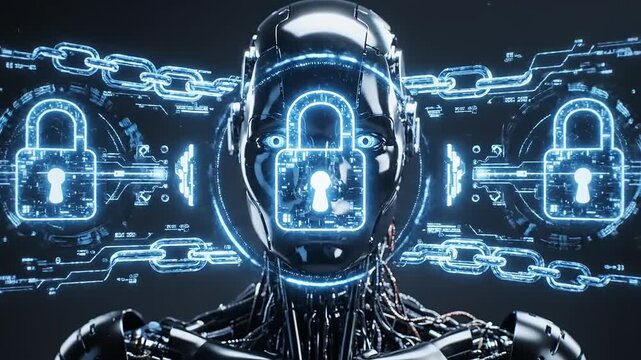 Futuristic robotic figure with a digital lock, surrounded by chains and glowing data patterns, symbolizing security