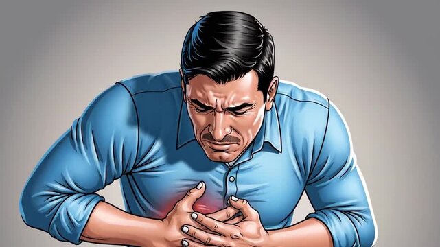Man Experiencing Severe Chest Pain, Depicting Heart Attack Symptoms, Medical Illustration
