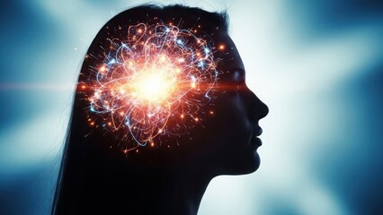 Human head silhouette with glowing brain network, representing intelligence, innovation, creativity, thought, and mental power.
