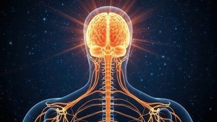 Human brain glowing with neural network and central nervous system. concept of intelligence, thought, and health.