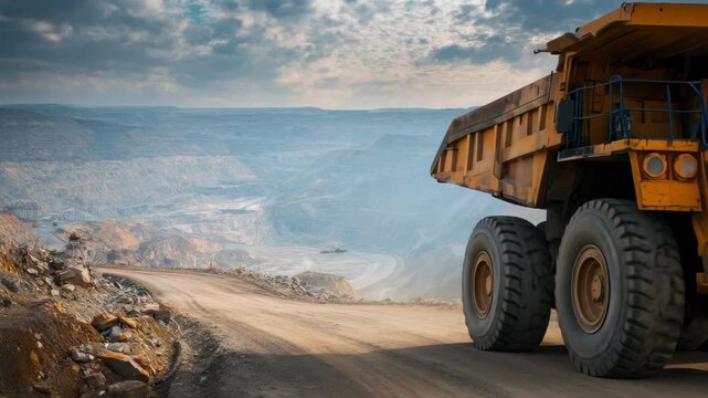 Heavy dump truck navigates dirt road in an expansive open-pit mining site during overcast afternoon hours