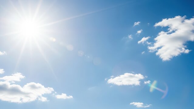Bright sun shining through a clear blue sky with fluffy white clouds and visible lens flare on a summer day