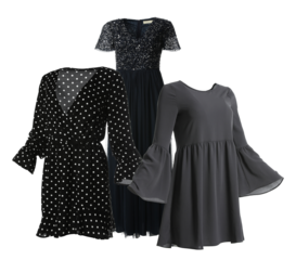elegant women's dresses: sequined maxi, polka-dot wrap, and gray bell-sleeve mini, perfect for fashion and style blogs.