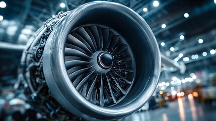 Close up of aircraft jet engine turbine in hangar.