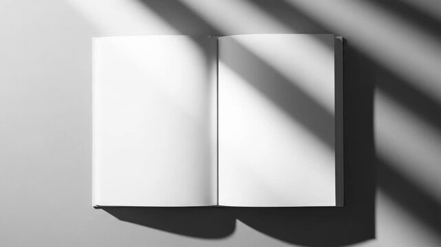 Open Blank Book with Shadow Overlay on Gray Background.