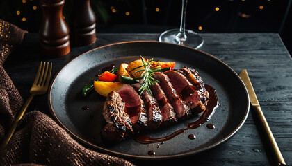 A beautifully cooked and sliced steak with roasted vegetables and a rosemary sprig on a dark plate, elegantly presented for a fine dining experience.