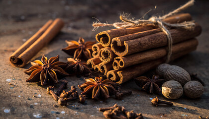 A rustic arrangement of aromatic spices including cinnamon sticks, star anise, cloves, and nutmeg on a textured surface.