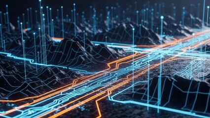 Abstract digital landscape with glowing data lines, global network connections, and modern technology infrastructure.