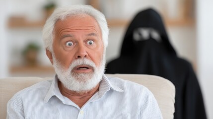 Elderly man displays profound shock upon noticing a mysterious hooded figure behind him