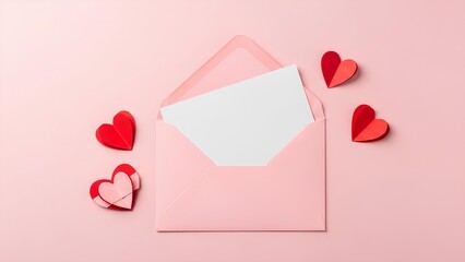 A charming pink envelope with a blank card and red paper hearts scattered around, perfect for romantic greetings and expressions of love