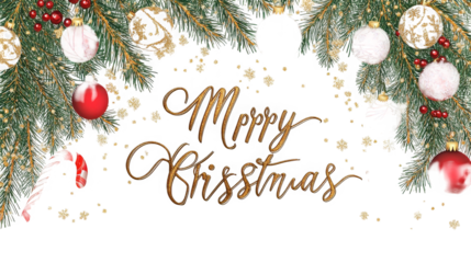 Elegant golden script wishing merry christmas framed by festive pine branches ornaments and falling glitter accents on transparent background