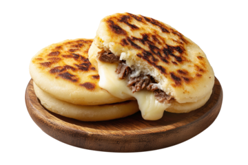 Grilled arepas plain sandwich filled with melted cheese and ground beef isolated on white background, concept of Latin street food