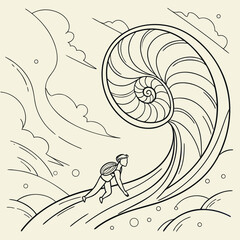 A lone figure running towards a large spiral shell in a sketched landscape