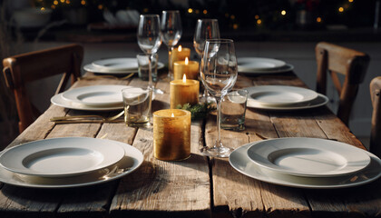 Dinner setting on a rustic wooden table with candles and glassware in a cozy evening atmosphere
