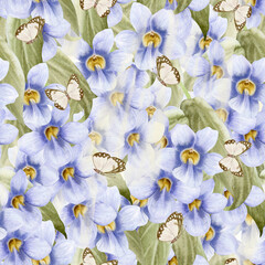 Pastel purple climbing flowers with butterflies watercolor seamless pattern. Spring garden Thunbergia violet blossom plant hand drawn repeat background. Vintage botanical floral art with sunlight