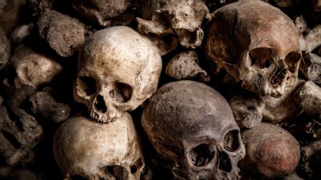 Ancient human skulls arranged in a pile found at a historical burial site, showcasing the remnants of past civilizations and their cultural practices