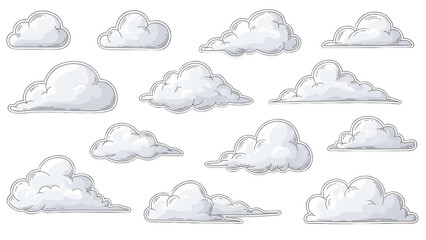 Collection of fluffy white cumulus clouds with hand drawn outlines on black background