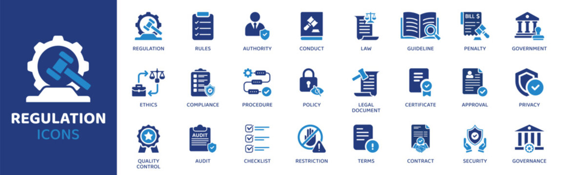 Regulation flat icon set. Containing Icons as Rules, Authority, Law, Guideline, Penalty, Government, Ethics and more. Solid Vector web icons collection.