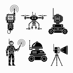 Futuristic robotics and automation technology concept, advanced engineering and exploration, featuring a drone, robots, and operator in sleek designs